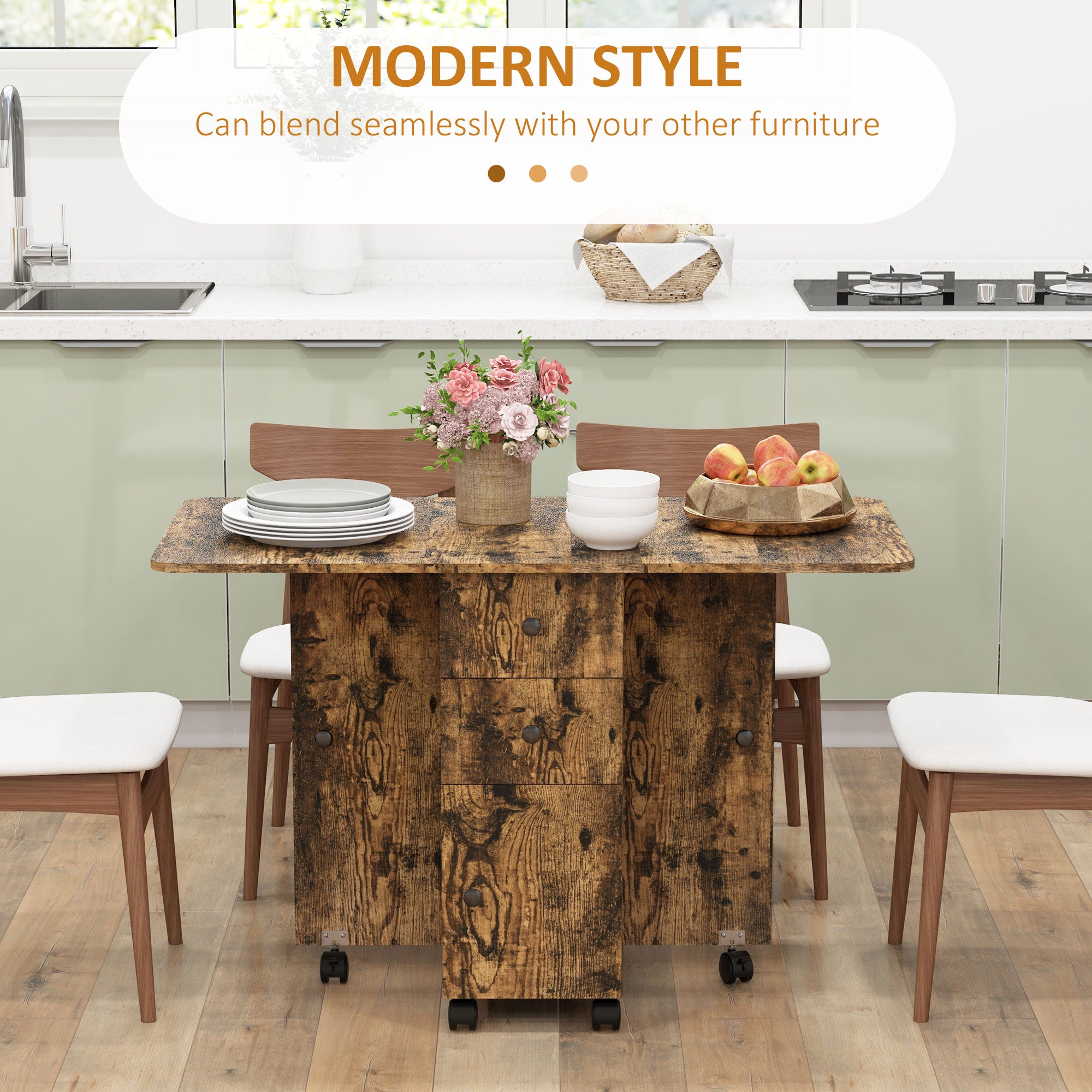 Wooden Drop Leaf Dining Table for 4 to 6 People With Multi-Storage - Velmora