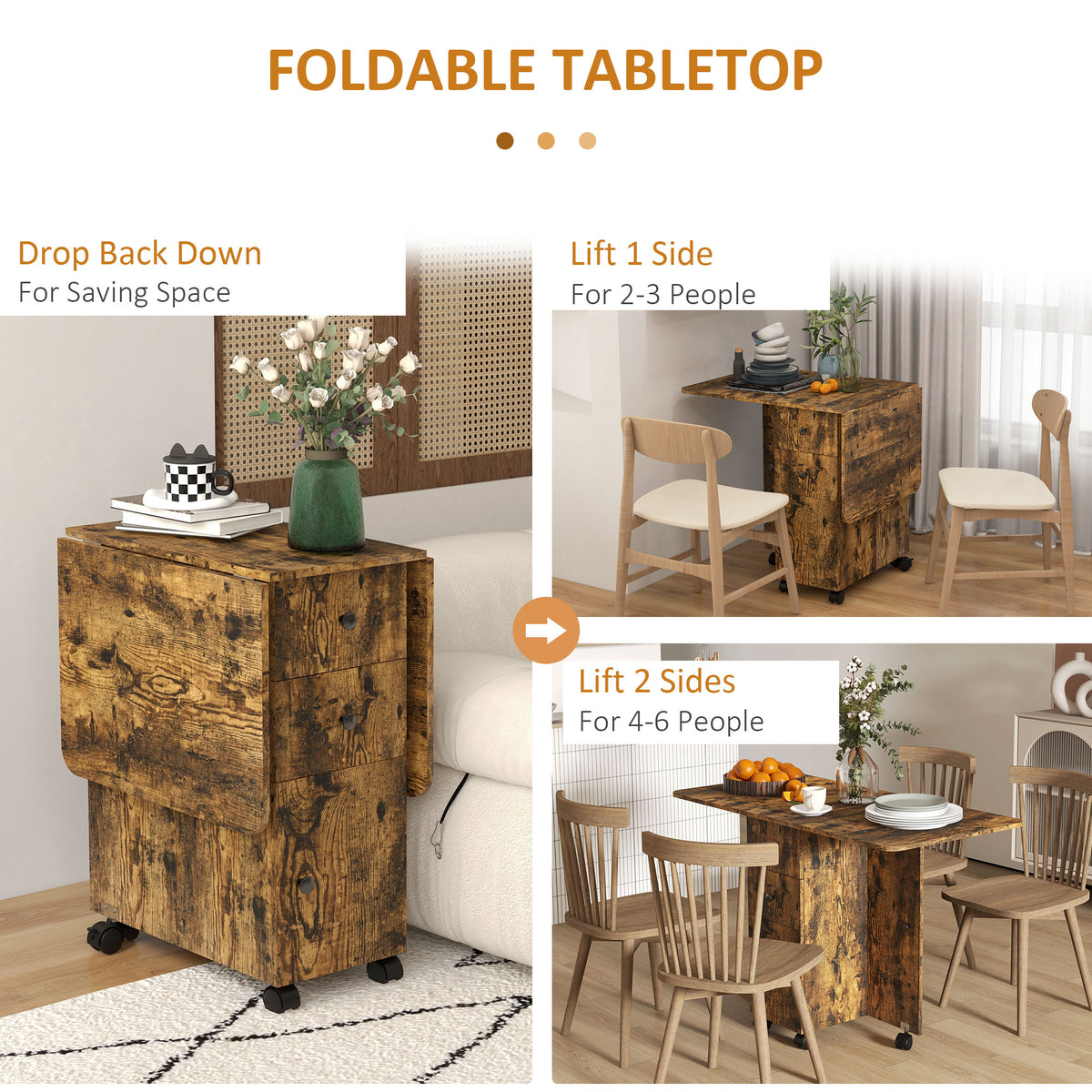 Wooden Drop Leaf Dining Table for 4 to 6 People With Multi-Storage - Velmora