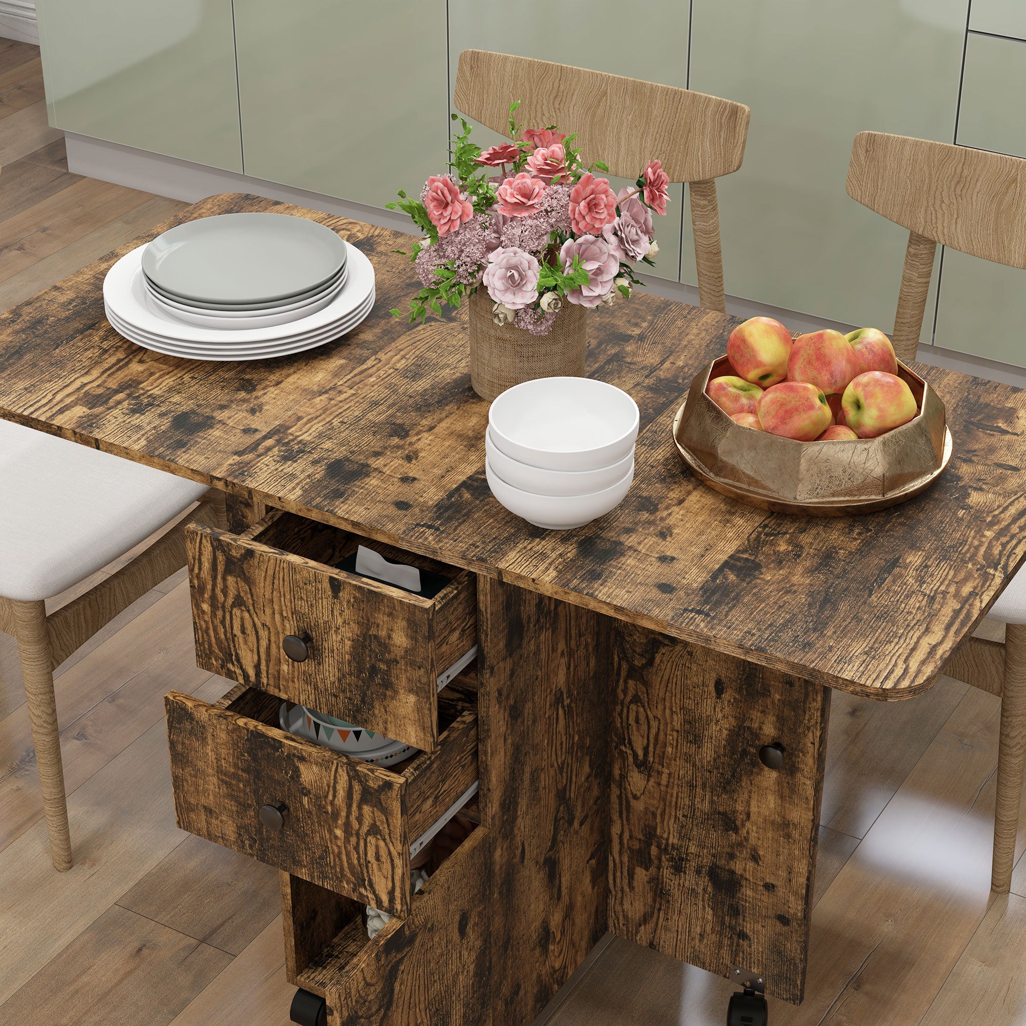 Wooden Drop Leaf Dining Table for 4 to 6 People With Multi-Storage - Velmora