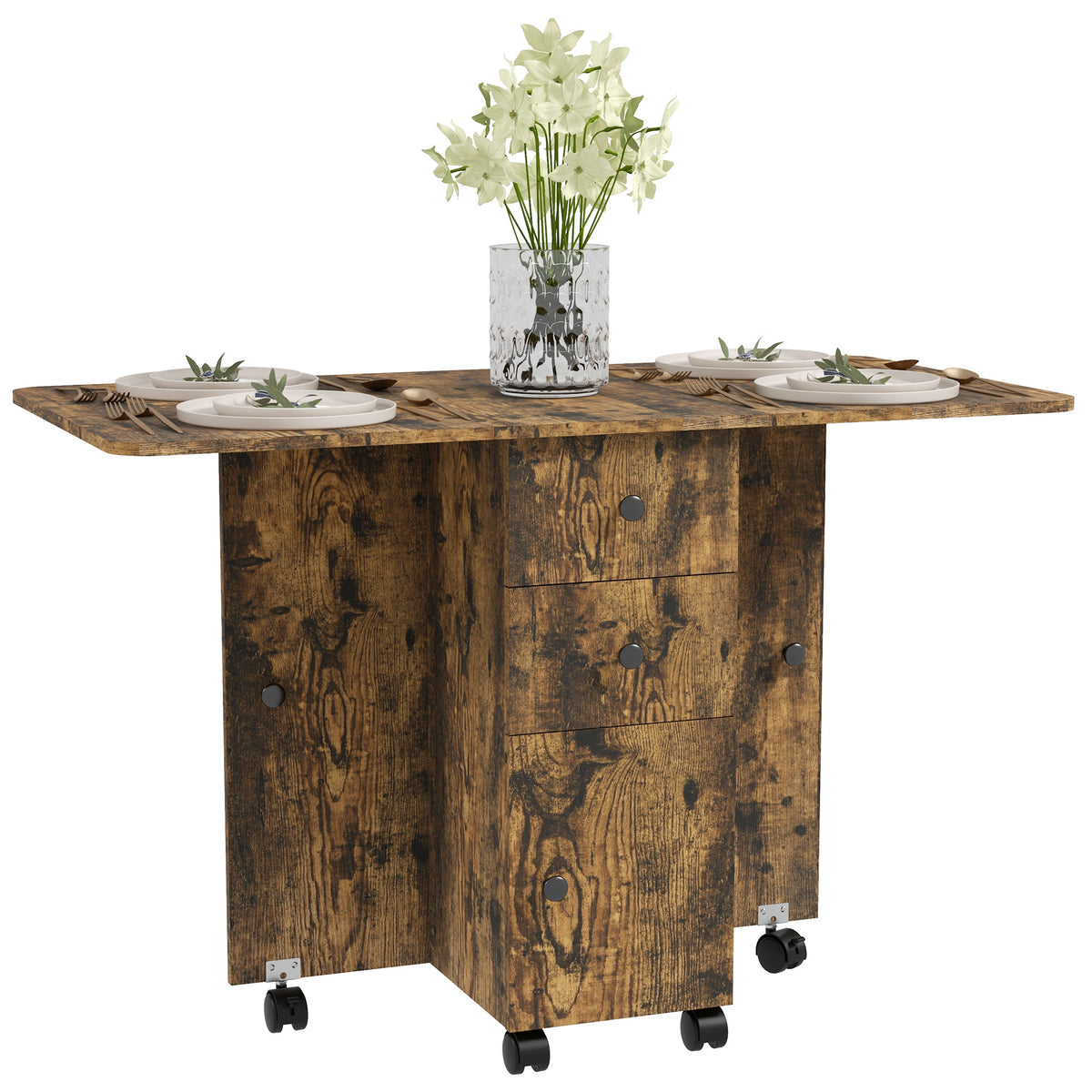 Wooden Drop Leaf Dining Table for 4 to 6 People With Multi-Storage - Velmora