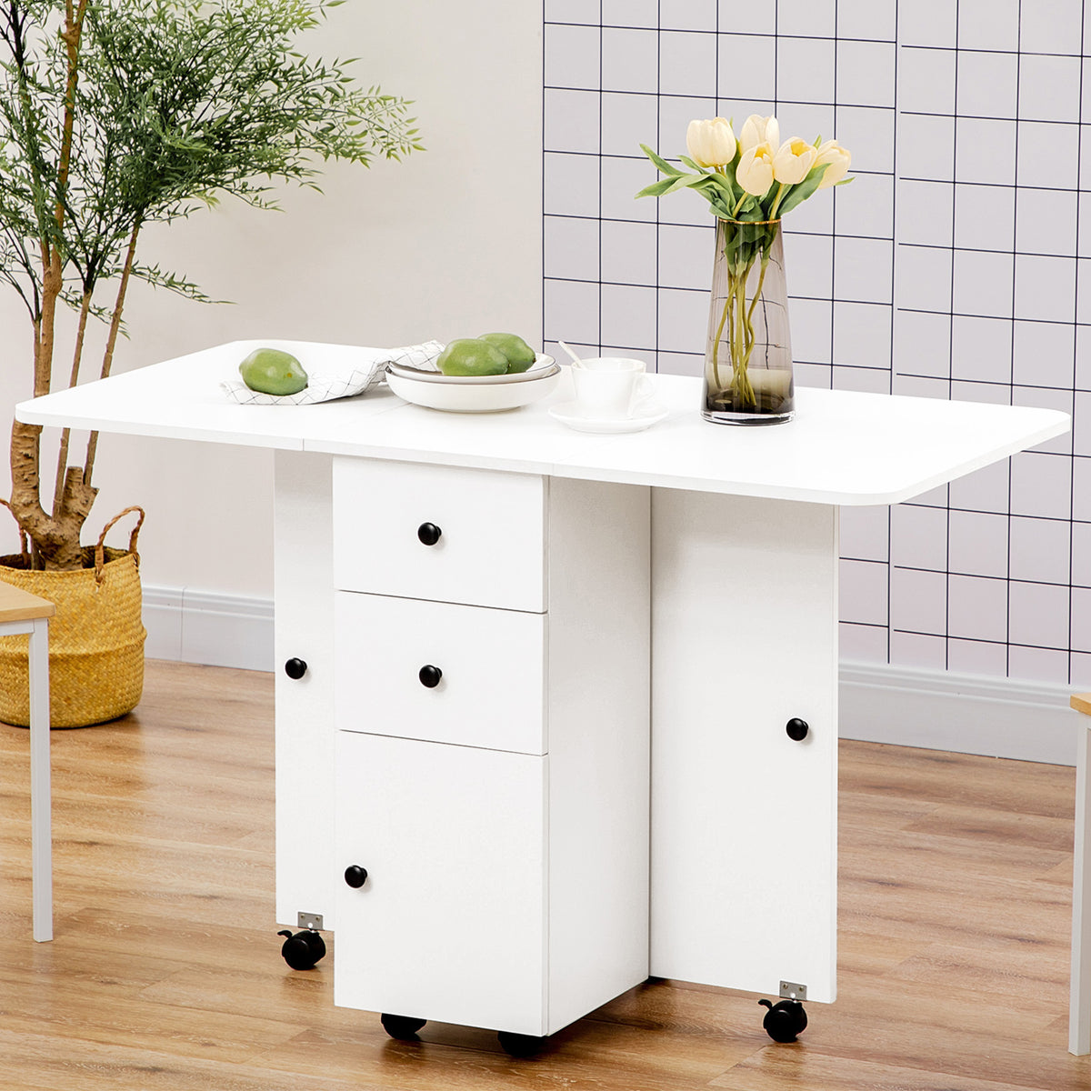 Wooden Drop Leaf Dining Table for 4 to 6 People With Multi-Storage - Velmora