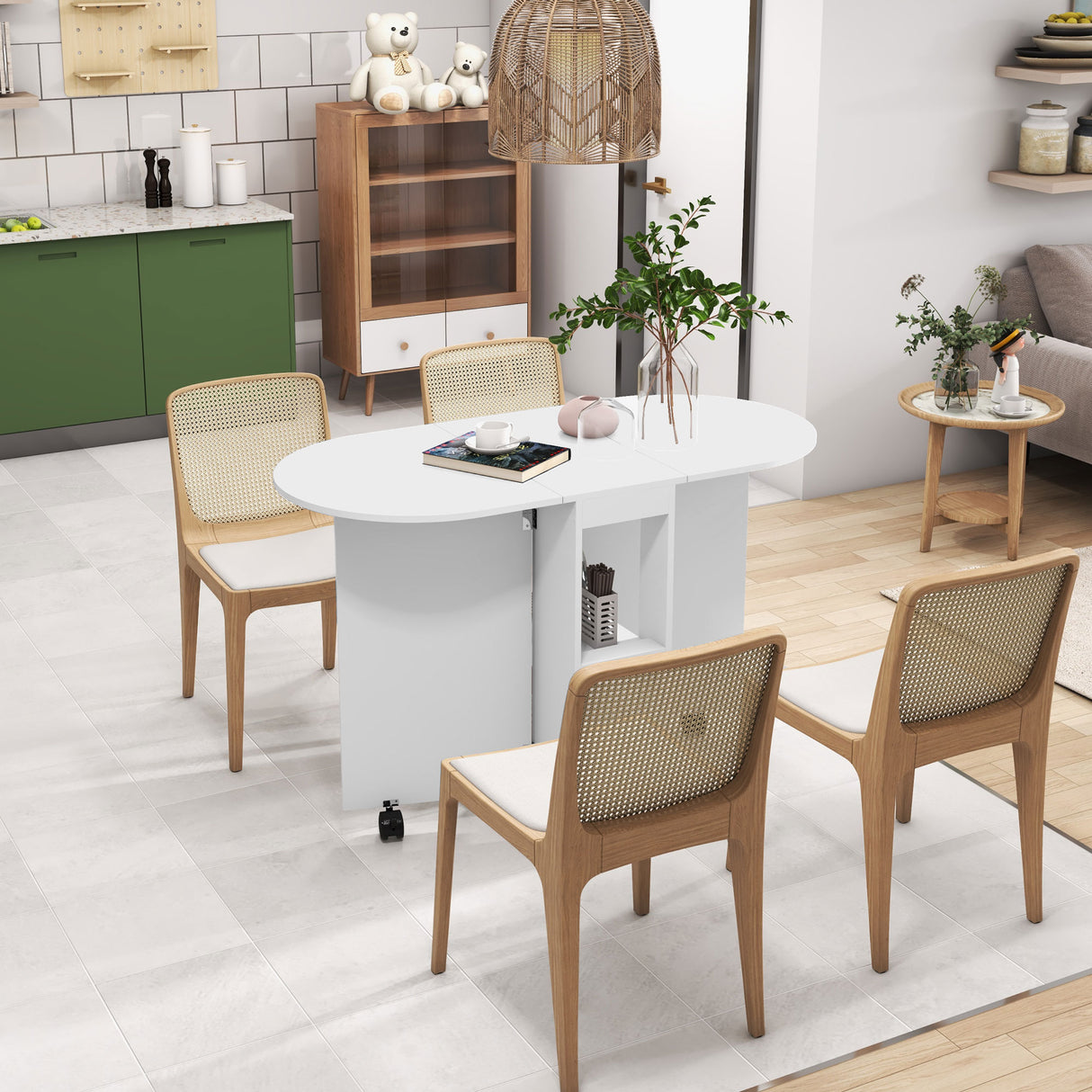 Wooden Drop Leaf Dining Table Oval With Wheels for 4 People - Velmora
