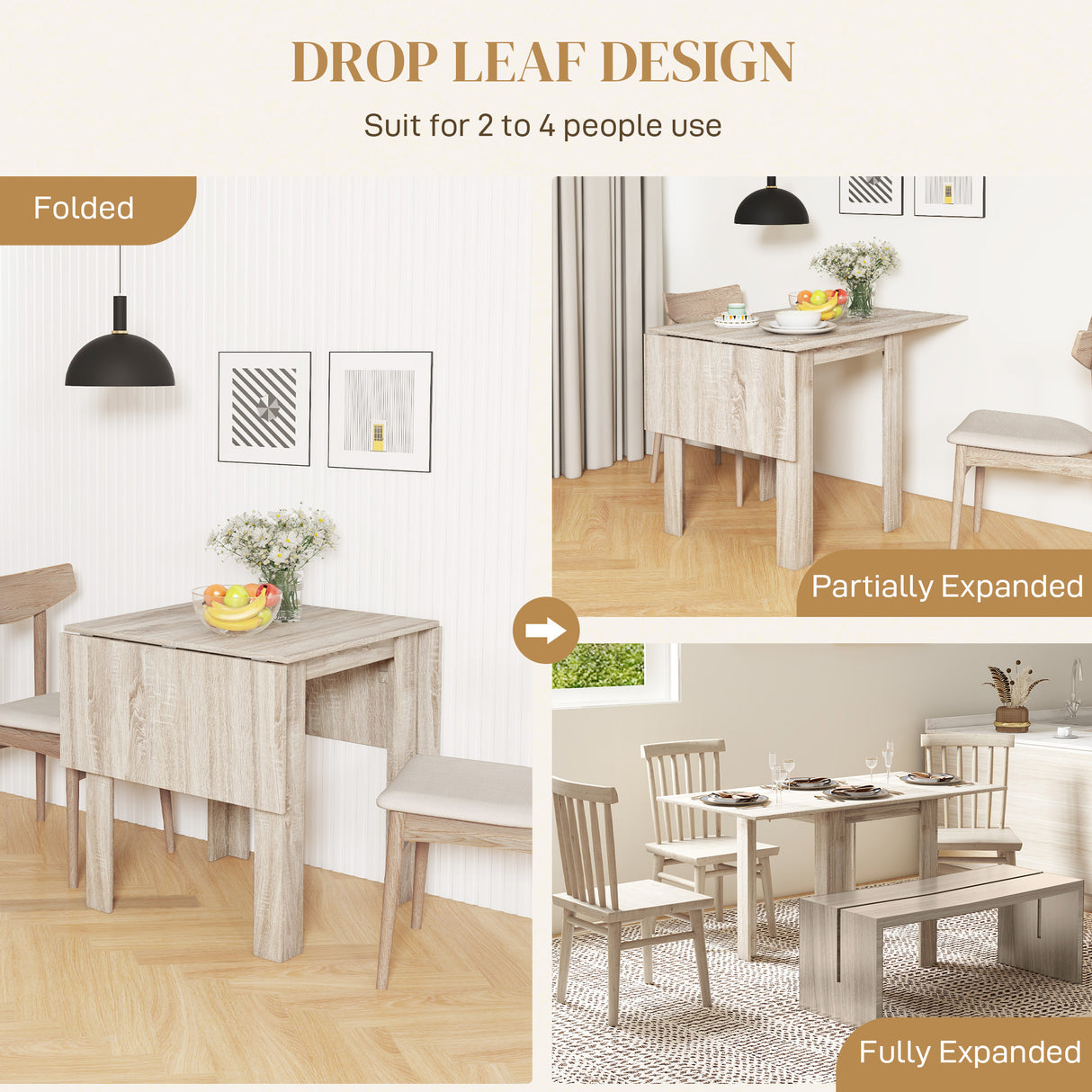 Wooden Drop Leaf Dining Table Rectangular for 4 People in Wood Effect - Velmora