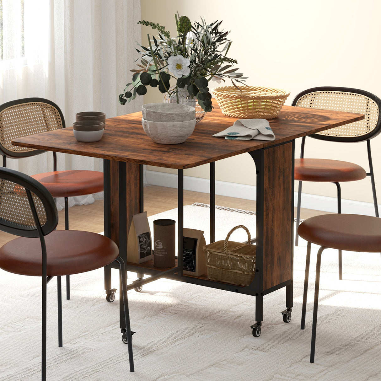 Wooden Drop Leaf Dining Table Rectangular fro 4 to 6 People - Velmora