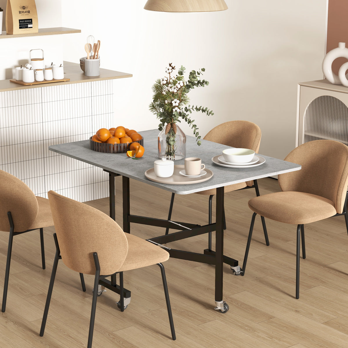 Wooden Drop Leaf Folding Dining Table With Wheels for 4 to 6 People - Velmora