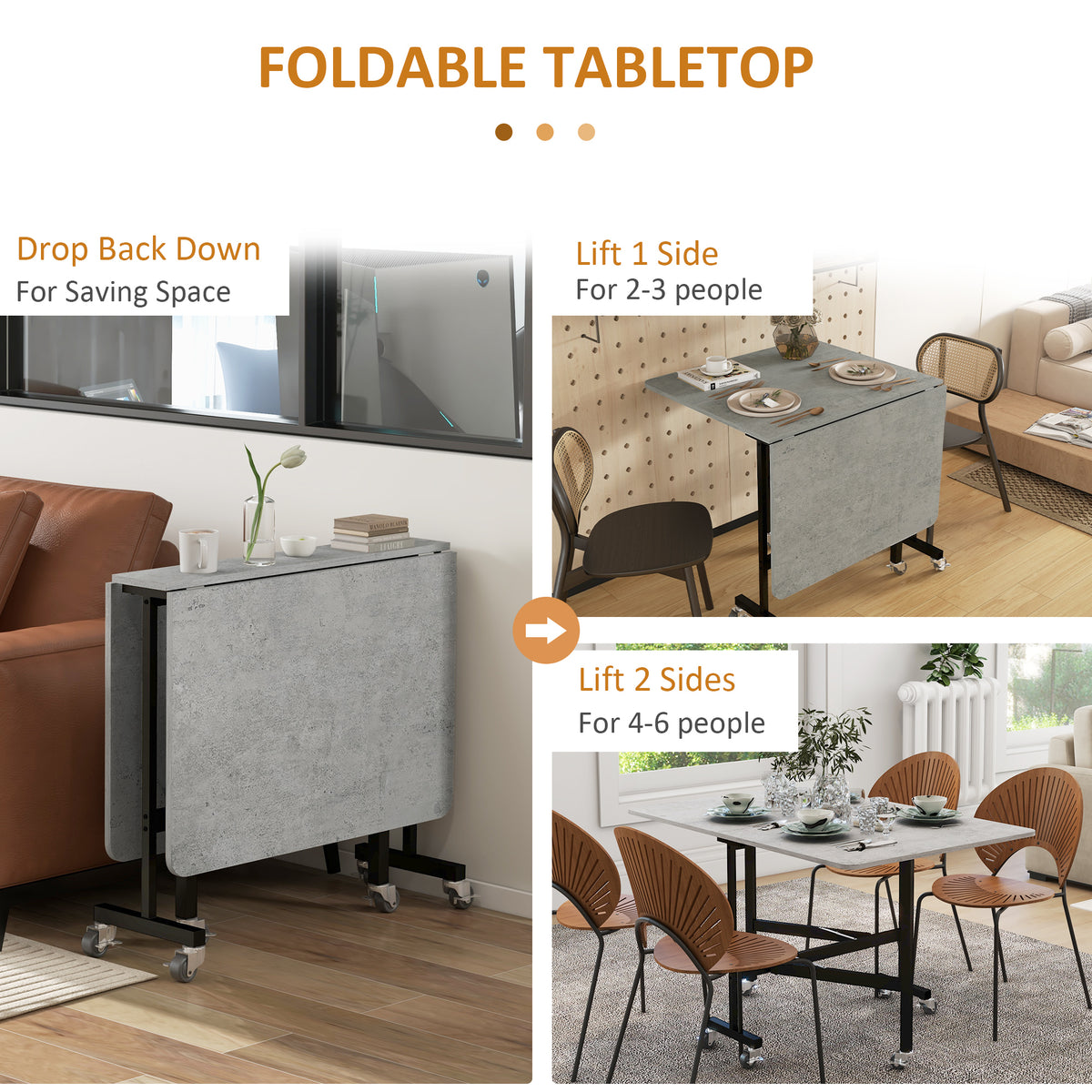 Wooden Drop Leaf Folding Dining Table With Wheels for 4 to 6 People - Velmora