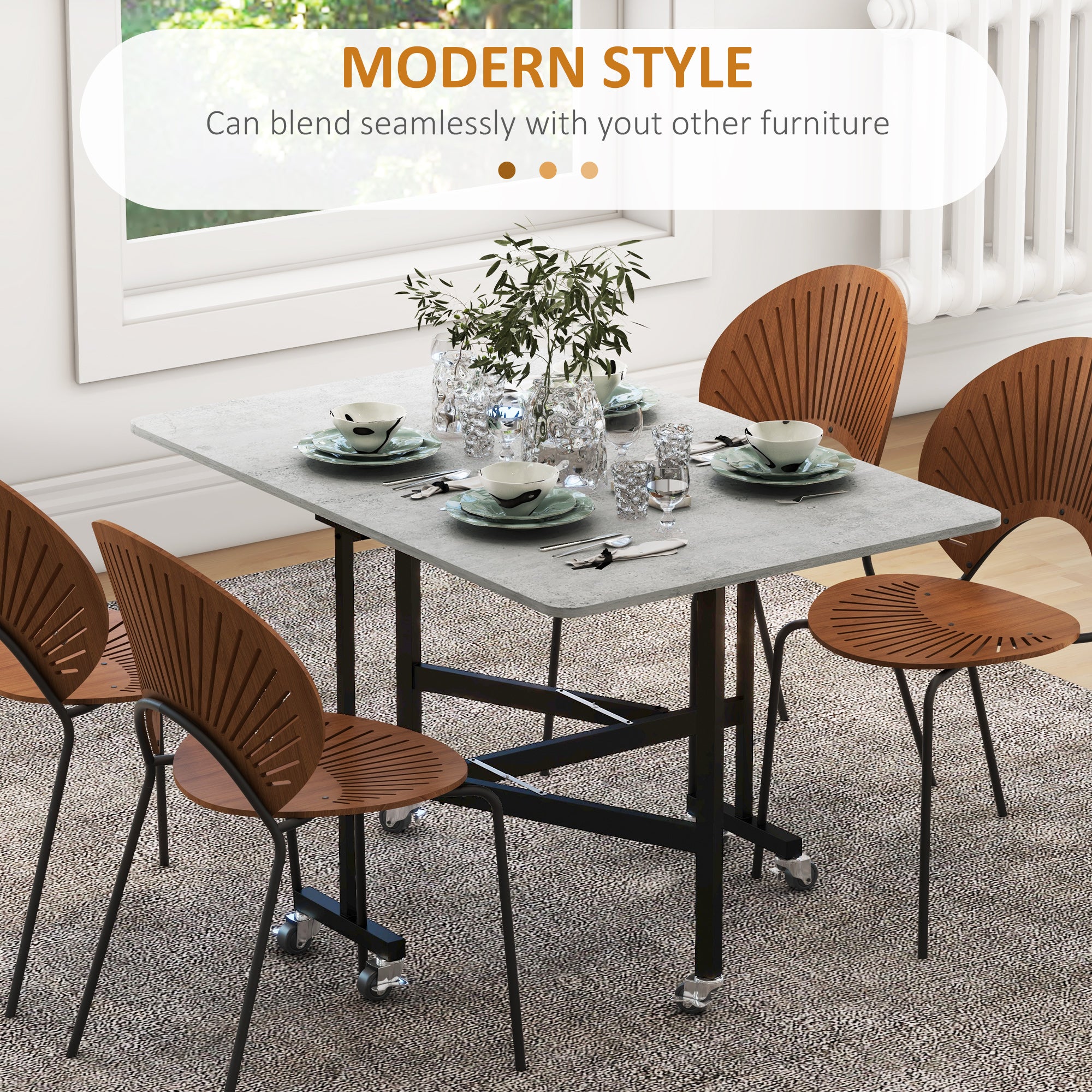 Wooden Drop Leaf Folding Dining Table With Wheels for 4 to 6 People - Velmora