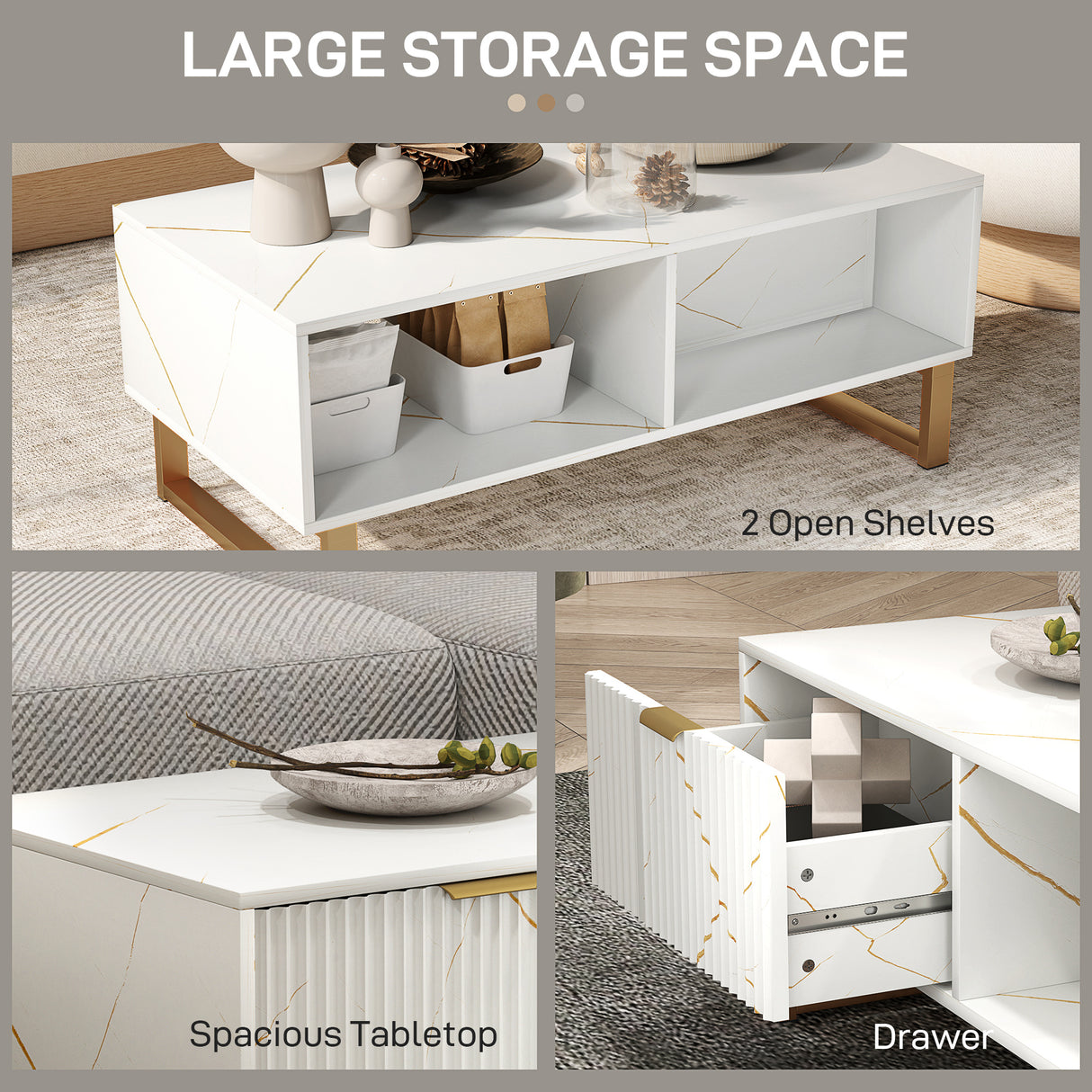 Wooden Elegant Coffee Table Rectangular With 1 Drawer in Elegant Marble Effect - Velmora