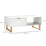 Wooden Elegant Coffee Table Rectangular With 1 Drawer in Elegant Marble Effect - Velmora