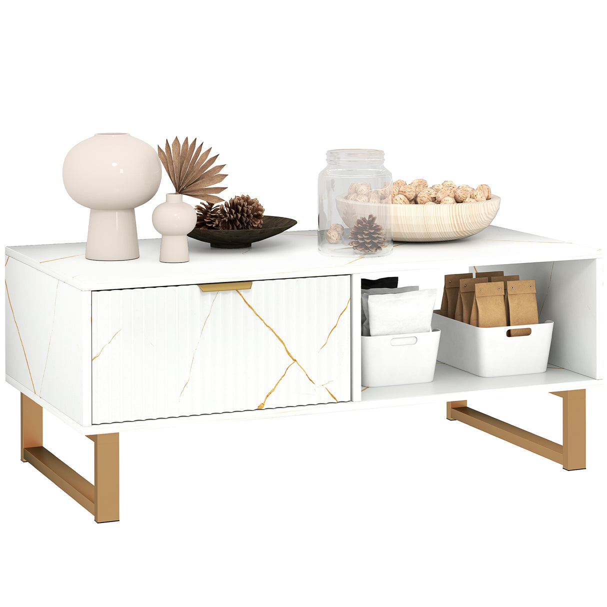 Wooden Elegant Coffee Table Rectangular With 1 Drawer in Elegant Marble Effect - Velmora