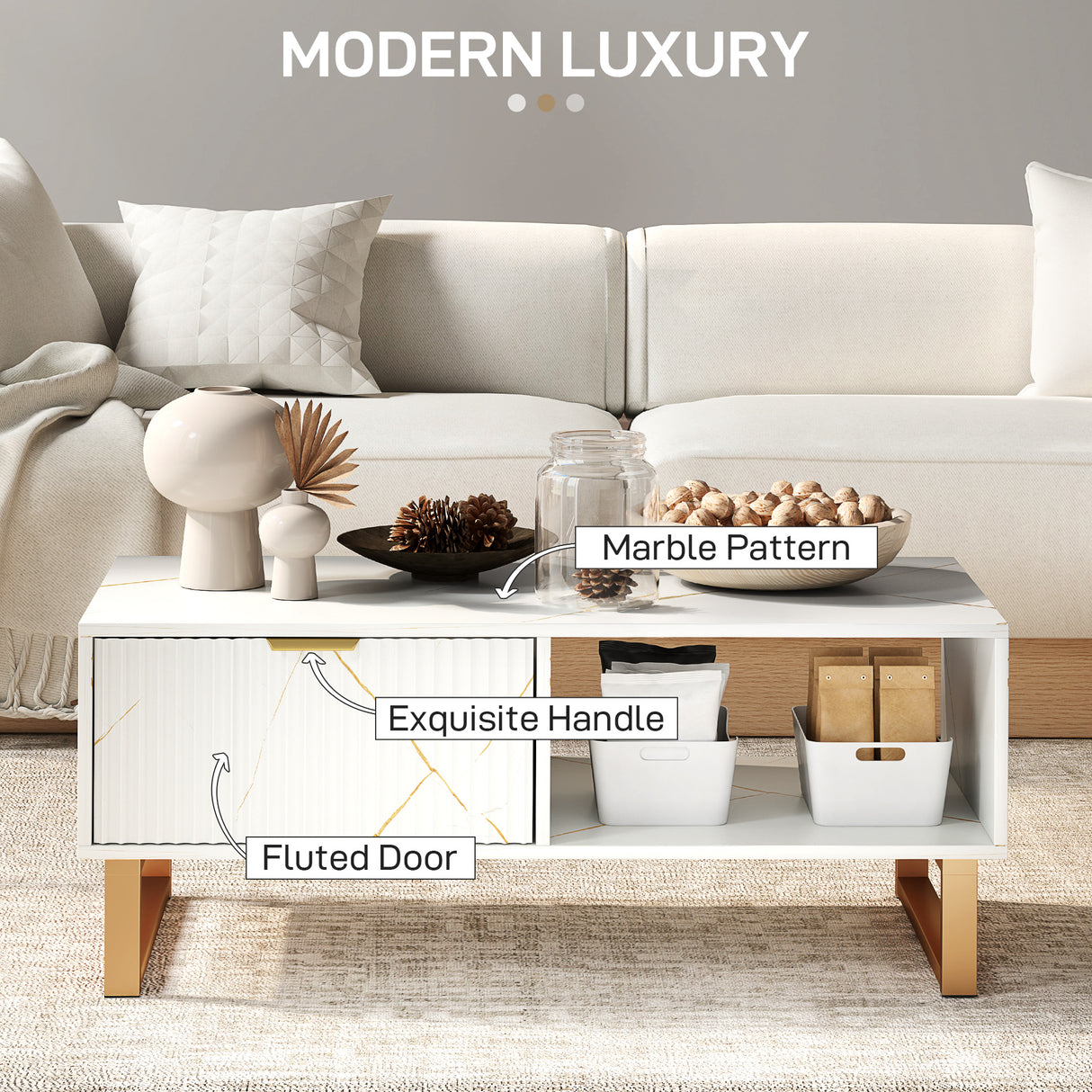 Wooden Elegant Coffee Table Rectangular With 1 Drawer in Elegant Marble Effect - Velmora