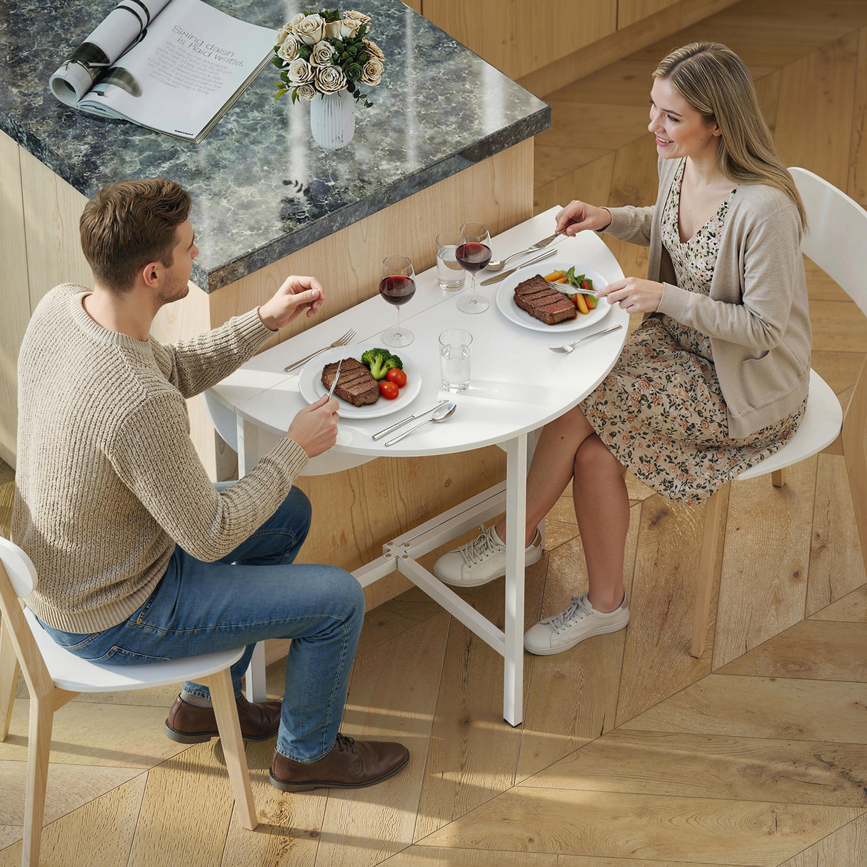 Wooden Extendable Drop Leaf Dining Table Round for 2 to 4 People - Velmora