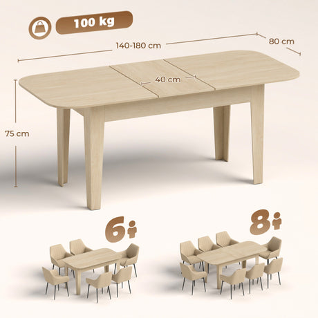 Wooden Extending Dining Table 180cm Wide for 8 People - Velmora