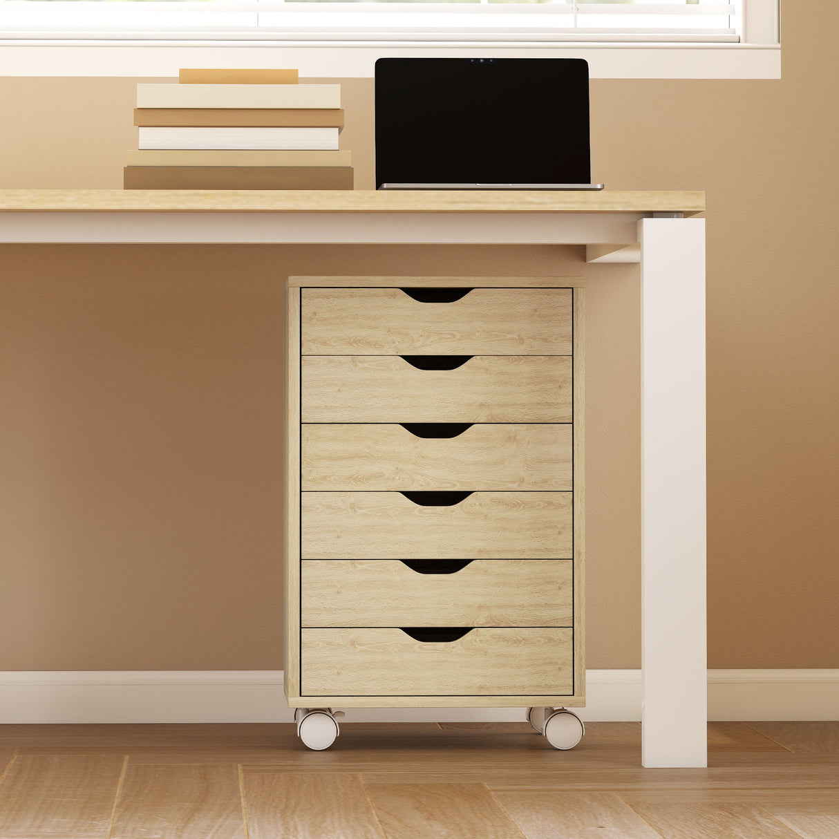Wooden File Cabinet 40cm Wide With 6 Drawers And Wheels - Velmora