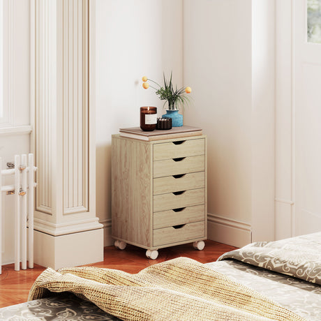 Wooden File Cabinet 40cm Wide With 6 Drawers And Wheels - Velmora