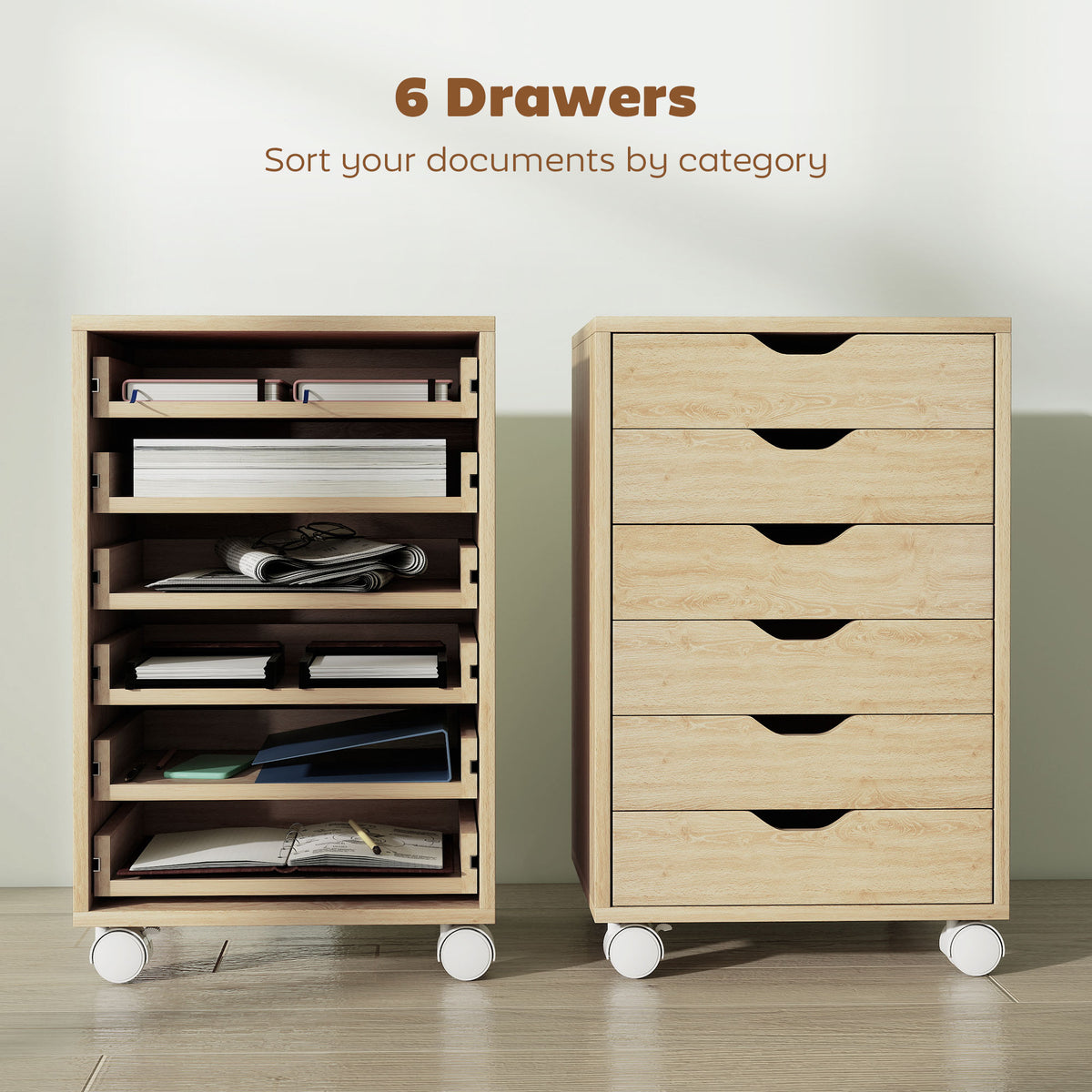 Wooden File Cabinet 40cm Wide With 6 Drawers And Wheels - Velmora
