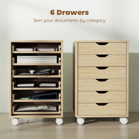 Wooden File Cabinet 40cm Wide With 6 Drawers And Wheels - Velmora