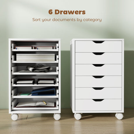 Wooden File Cabinet 40cm Wide With 6 Drawers And Wheels - Velmora