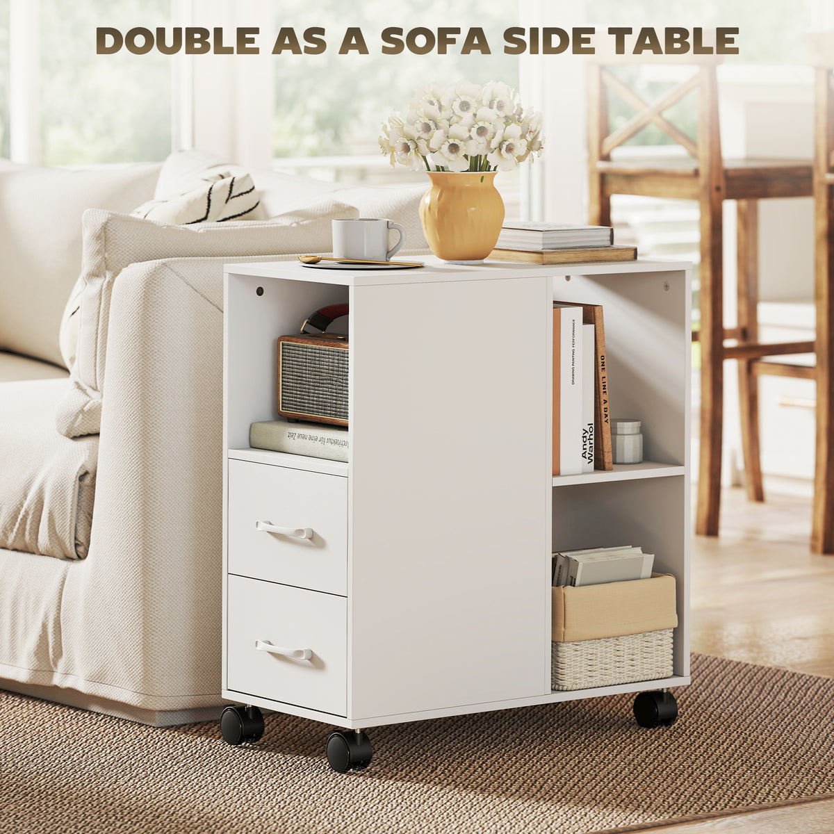 Wooden File Cabinet 60cm Wide With 2 Drawers And Wheels - Velmora