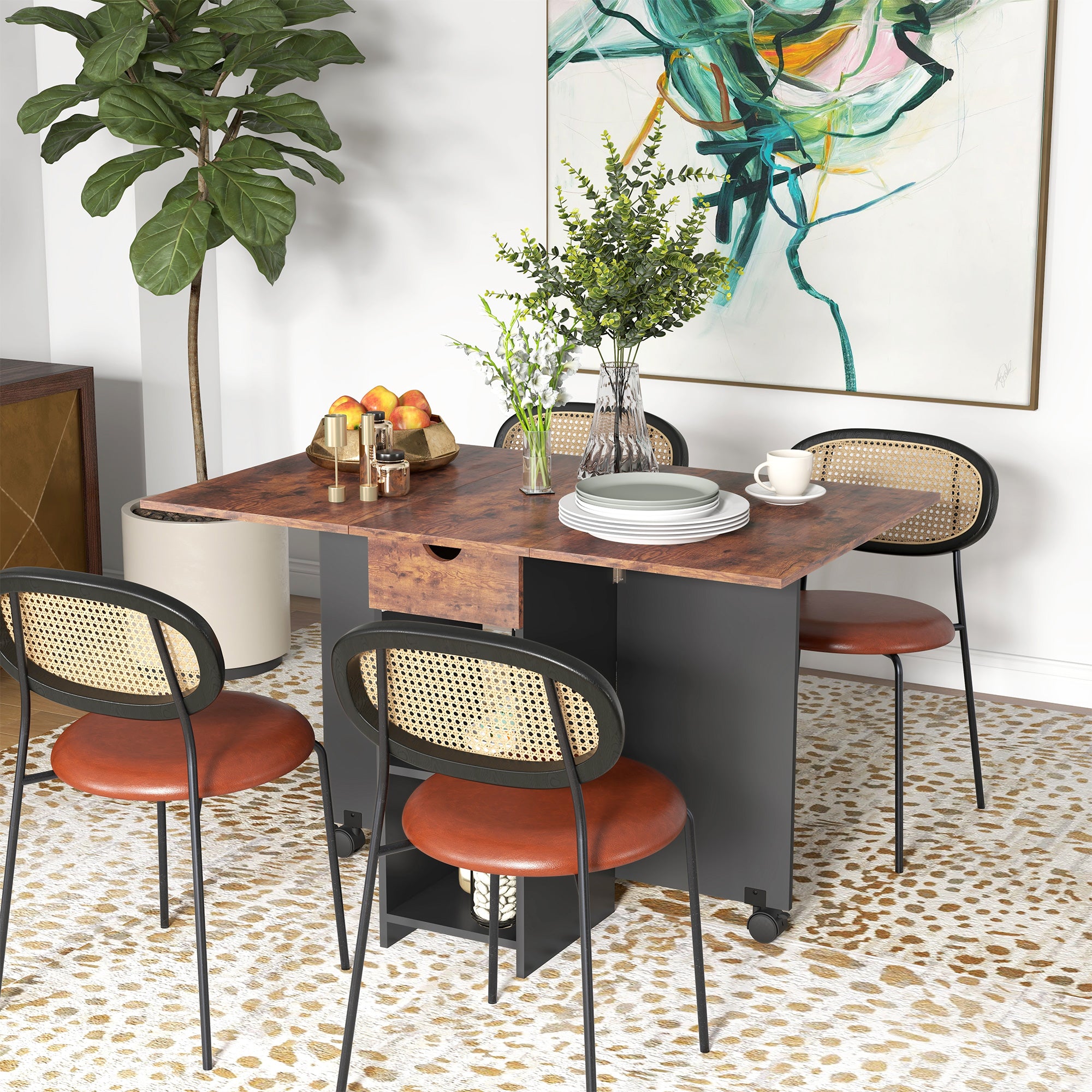 Wooden Folding Drop Leaf Dining Table Rectangular for 4 People - Velmora