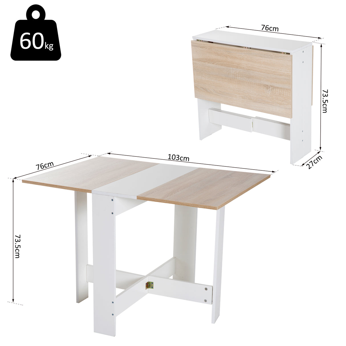 Wooden Folding Drop Leaf Kitchen Dining Table Rectangular for 4 to 6 People - Velmora