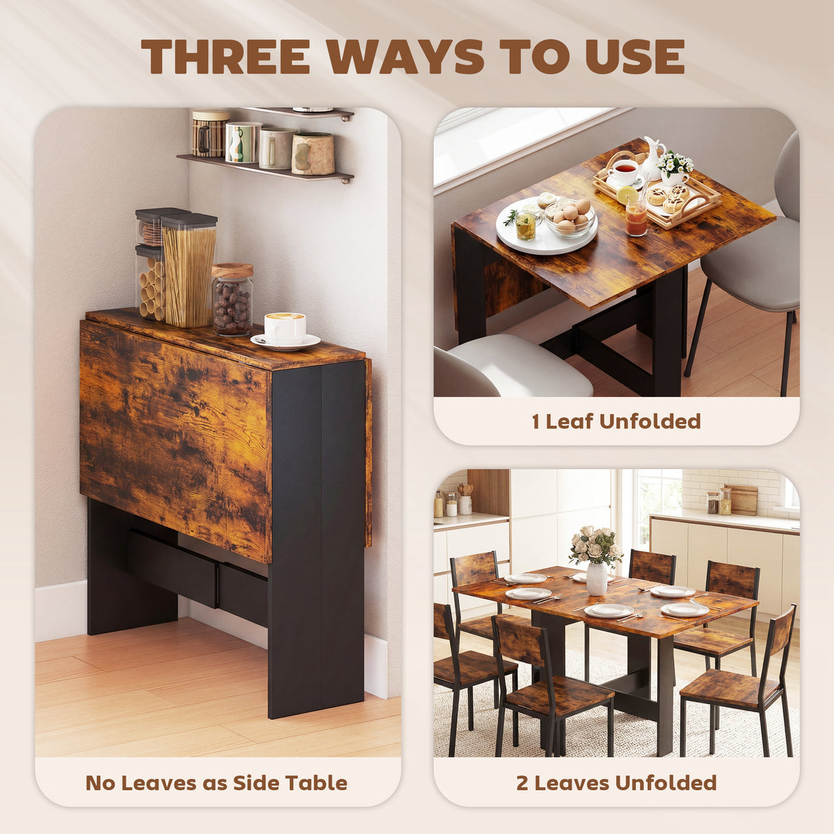 Wooden Folding Drop Leaf Kitchen Dining Table Rectangular for 4 to 6 People - Velmora