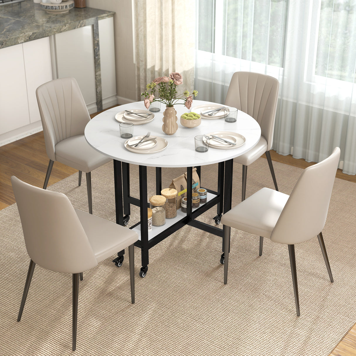 Wooden Folding Rolling Drop Leaf Dining Table 100cm Round With Open Shelf - Velmora