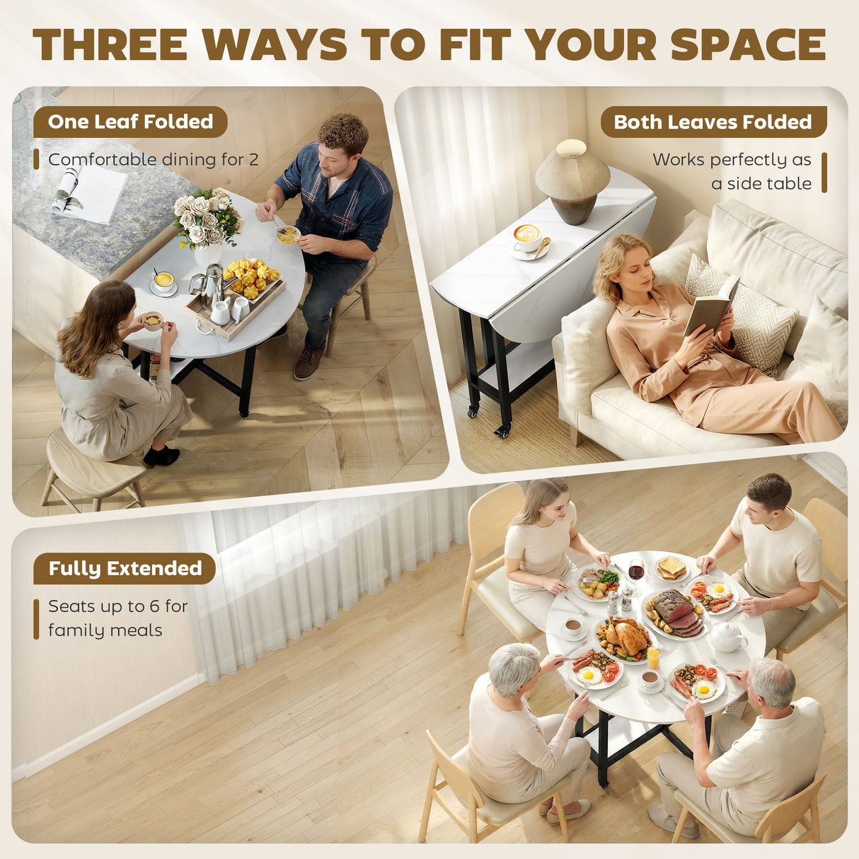 Wooden Folding Rolling Drop Leaf Dining Table 100cm Round With Open Shelf - Velmora