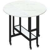 Wooden Folding Rolling Drop Leaf Dining Table 100cm Round With Open Shelf - Velmora