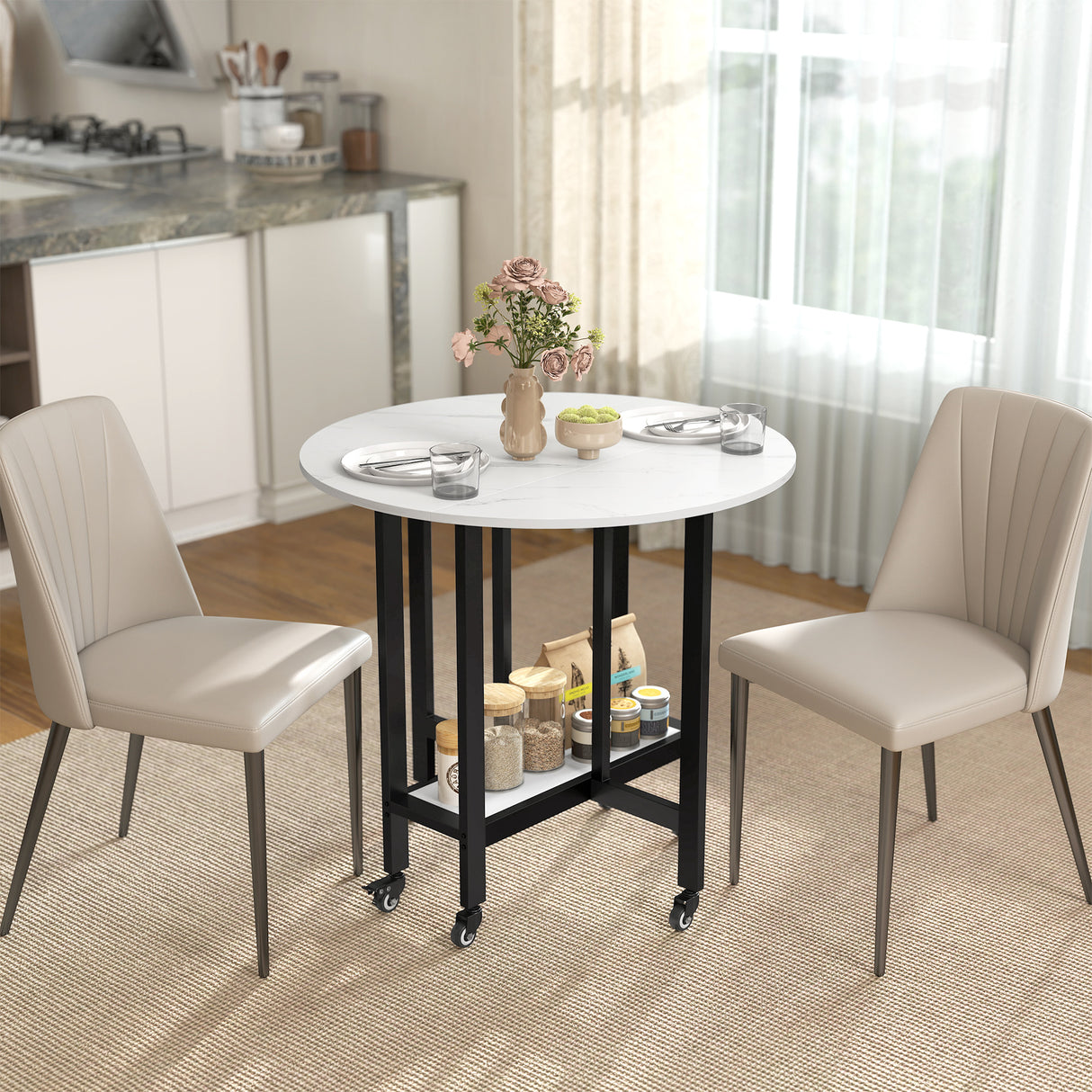 Wooden Folding Rolling Drop Leaf Dining Table 80cm Round With Open Shelf - Velmora