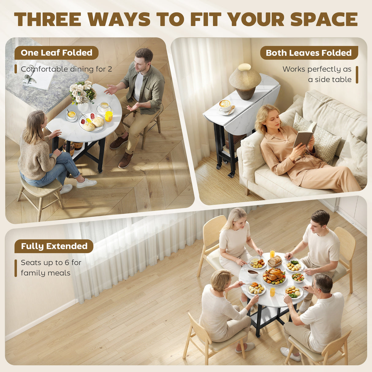 Wooden Folding Rolling Drop Leaf Dining Table 80cm Round With Open Shelf - Velmora