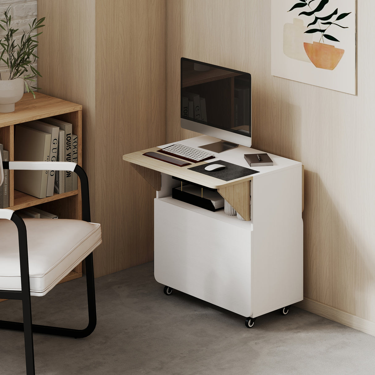 Wooden Folding Rolling Drop Leaf Dining Table With Hidden Shelf - Velmora