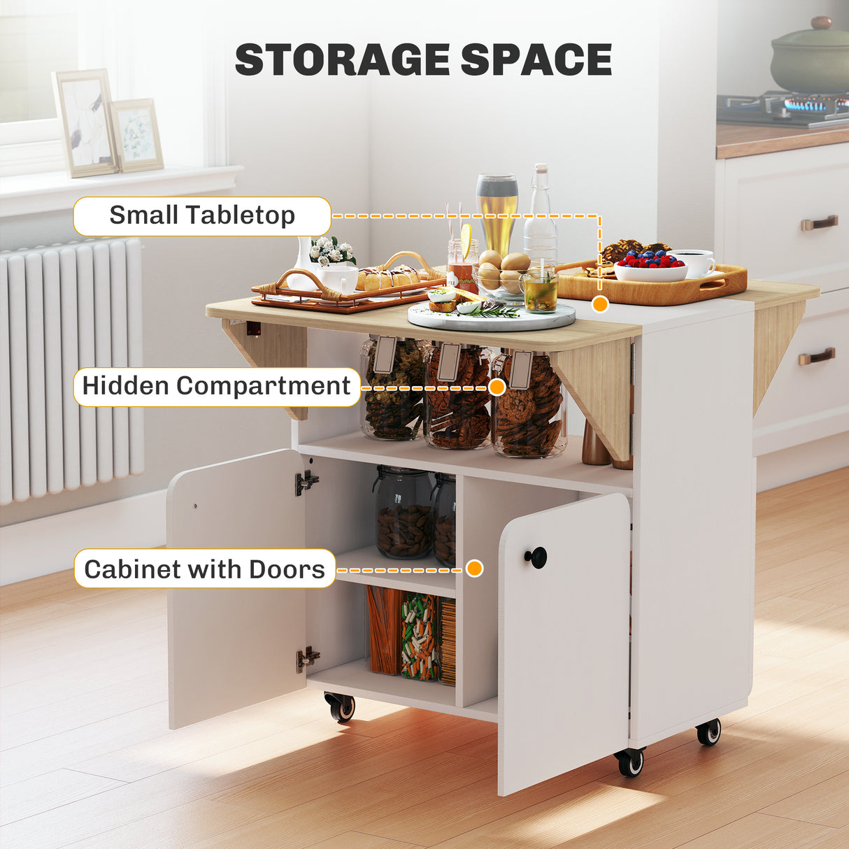 Wooden Folding Rolling Drop Leaf Dining Table With Hidden Shelf - Velmora