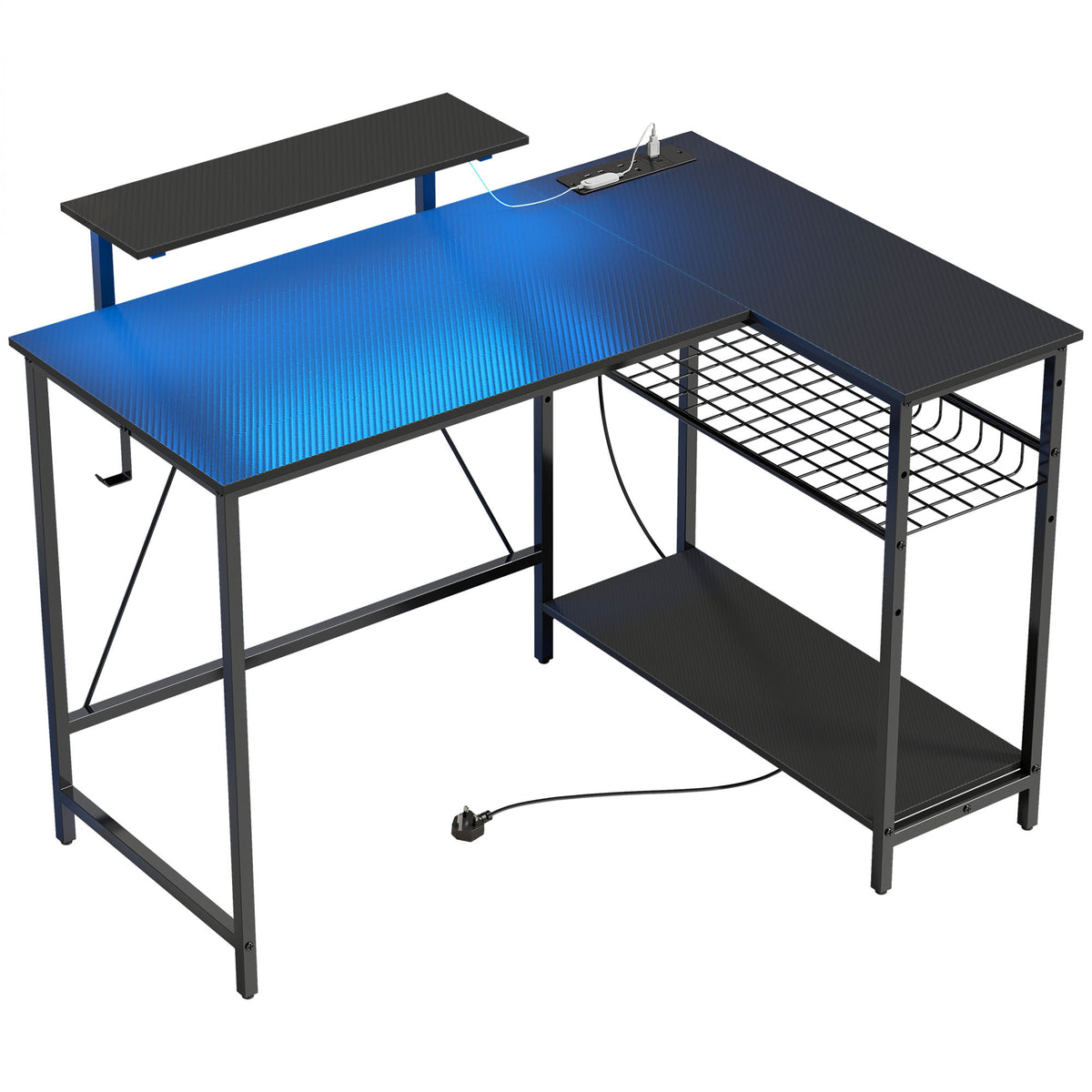 Wooden Gaming Desk 114.5cm Wide L Shaped With LED Lights - Velmora