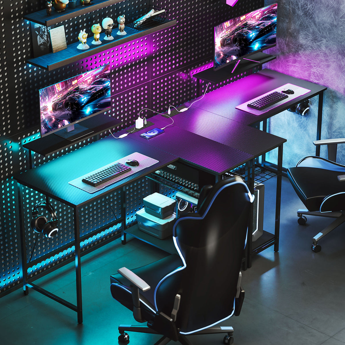 Wooden Gaming Desk 114.5cm Wide L Shaped With LED Lights - Velmora