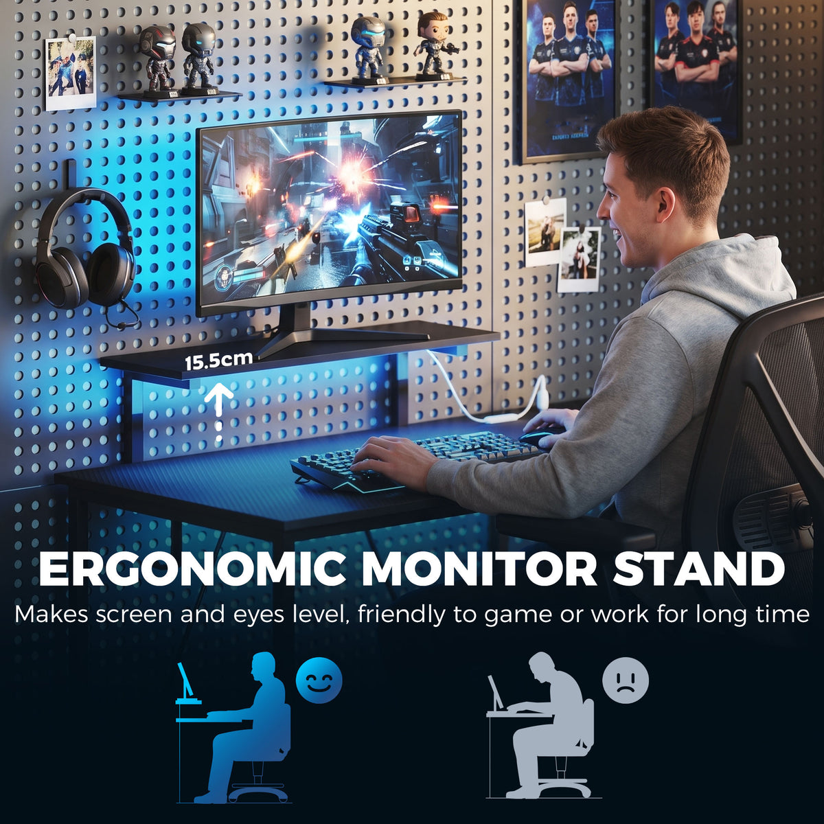 Wooden Gaming Desk 114.5cm Wide L Shaped With LED Lights - Velmora