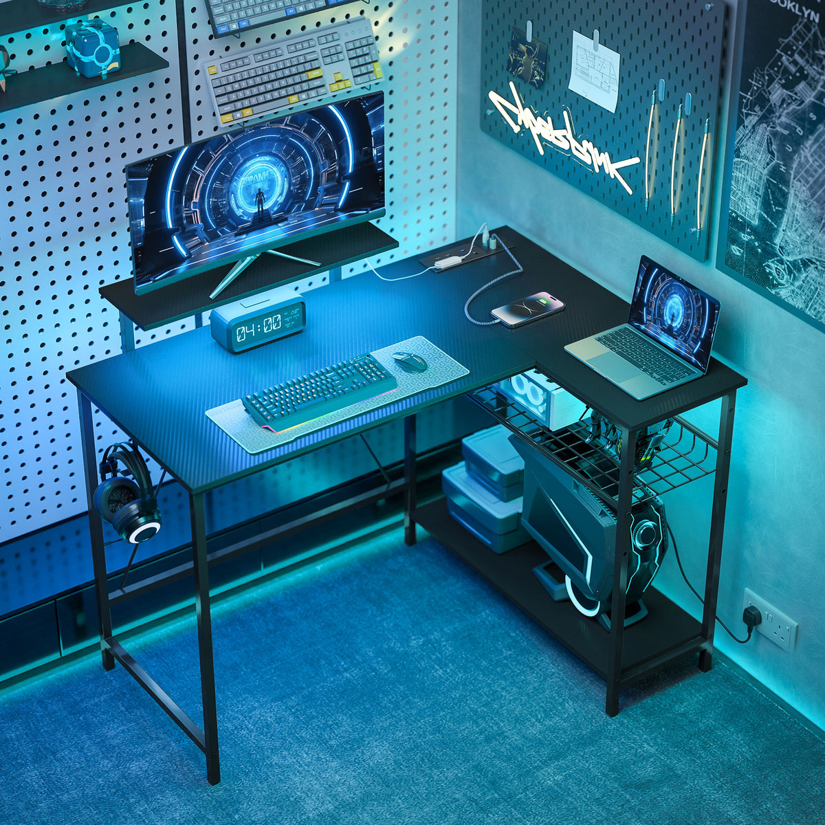 Wooden Gaming Desk 114.5cm Wide L Shaped With LED Lights - Velmora
