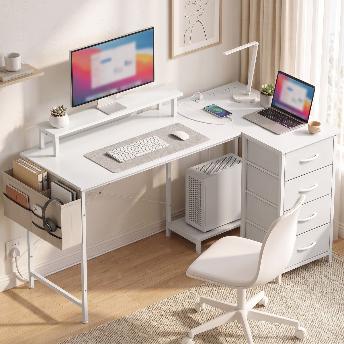 Wooden Gaming Desk 150cm Wide L Shaped With 4 Drawers - Velmora
