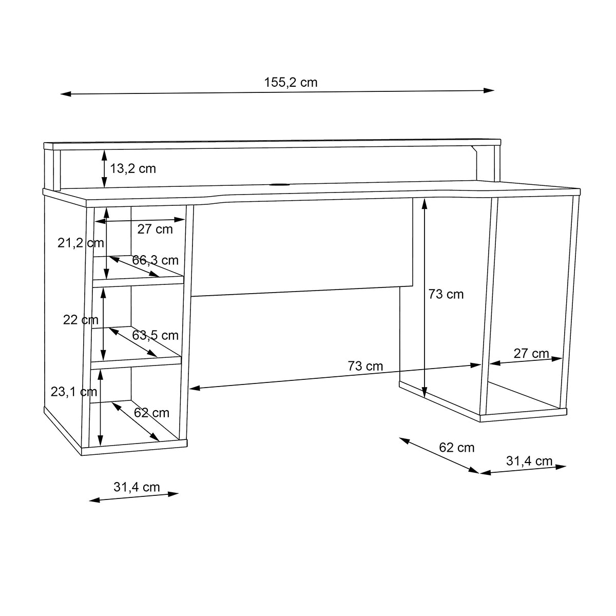 Wooden Gaming Desk With 2 Shelves And LED Lights - Tezaur