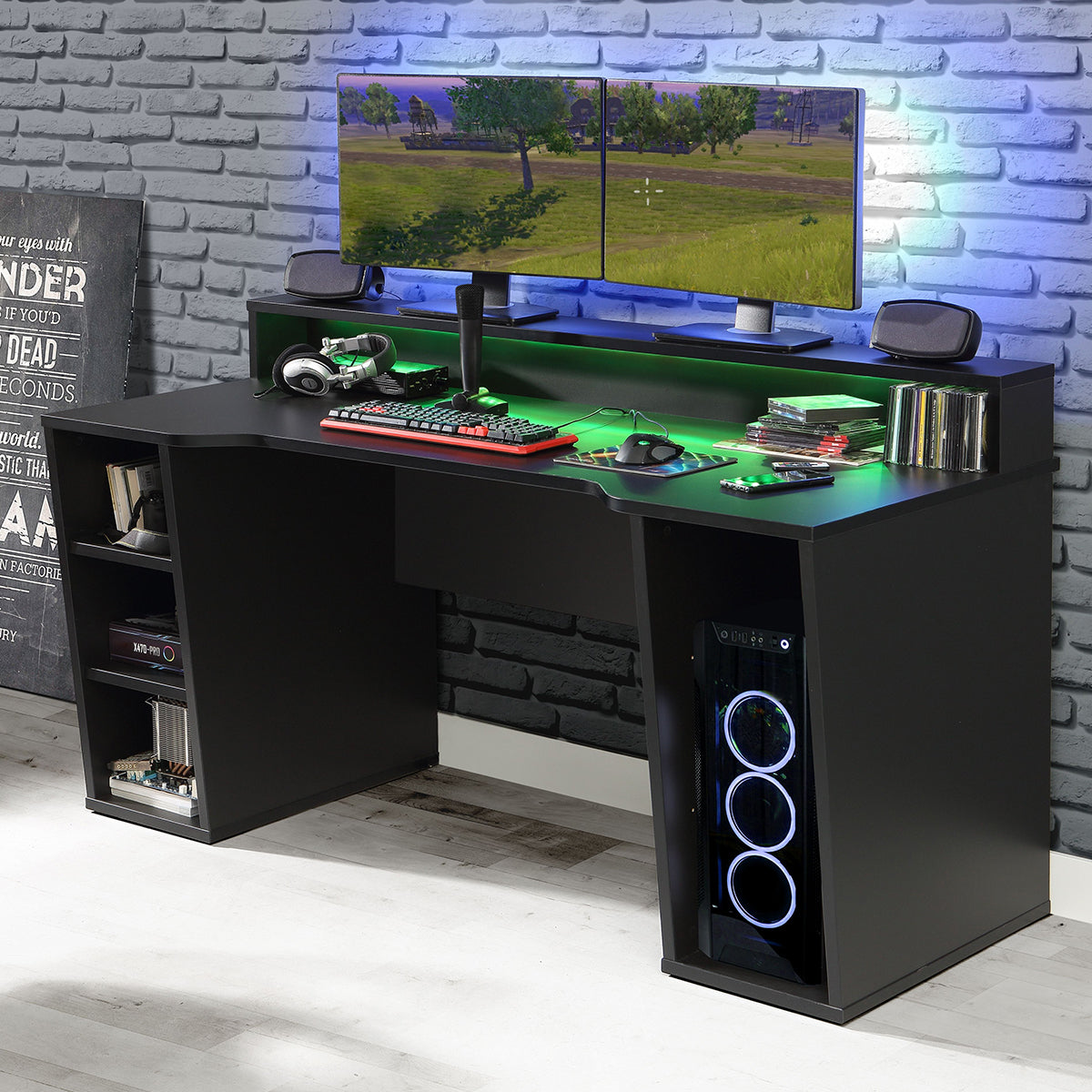 Wooden Gaming Desk With 2 Shelves And LED Lights - Tezaur