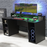 Wooden Gaming Desk With 2 Shelves And LED Lights - Tezaur