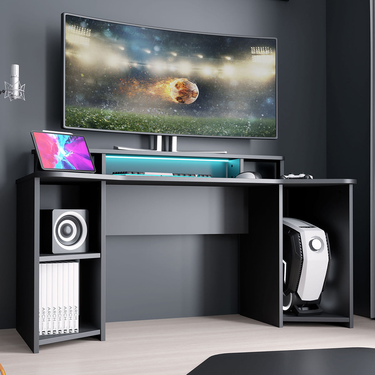 Wooden Gaming Desk With Shelves And LED Lights - Tezaur