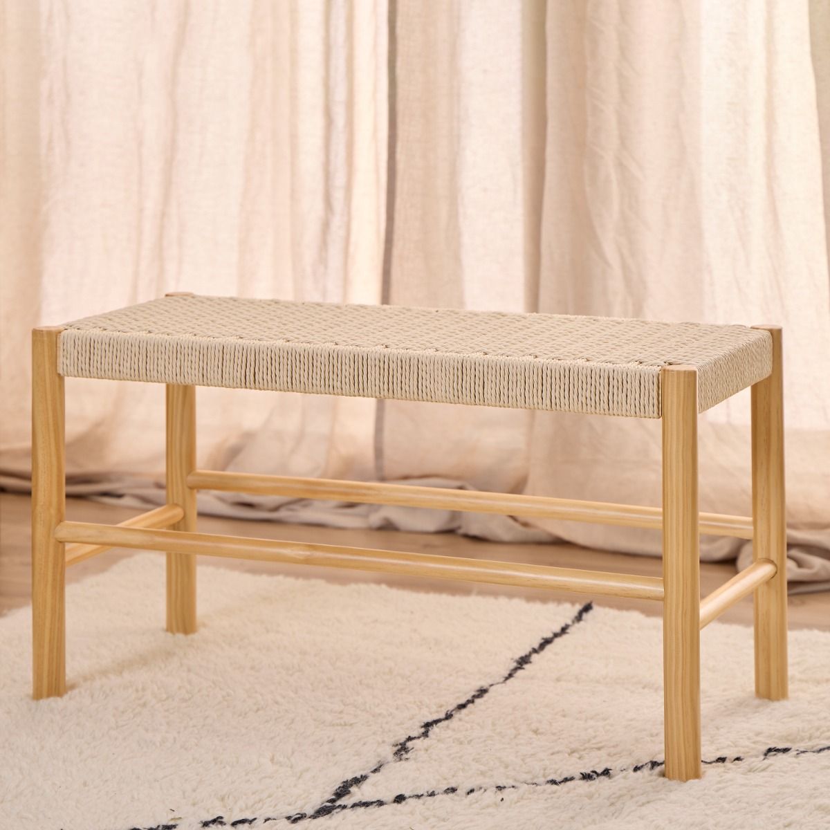 Wooden Hallway Seating Bench Interwoven Weaved - Alvin