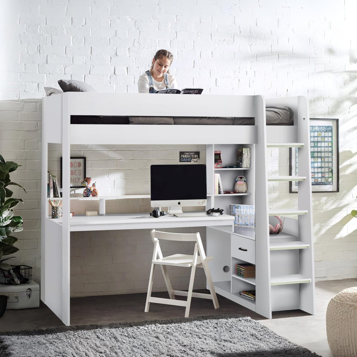 Wooden High Sleeper Bed With Gaming Desk - Blaze