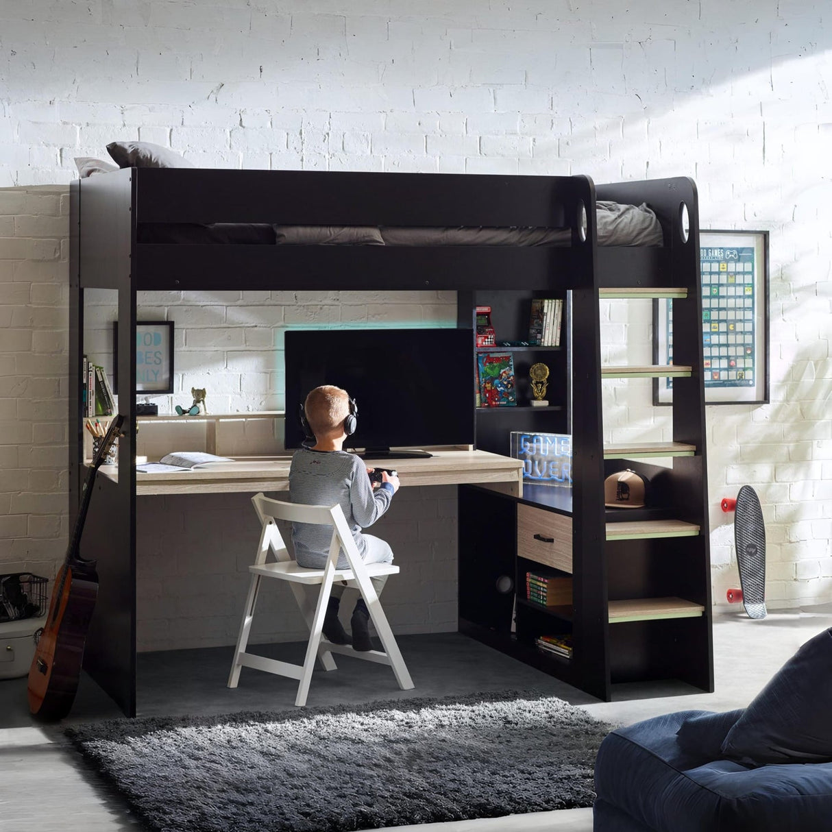Wooden High Sleeper Bed With Gaming Desk - Blaze