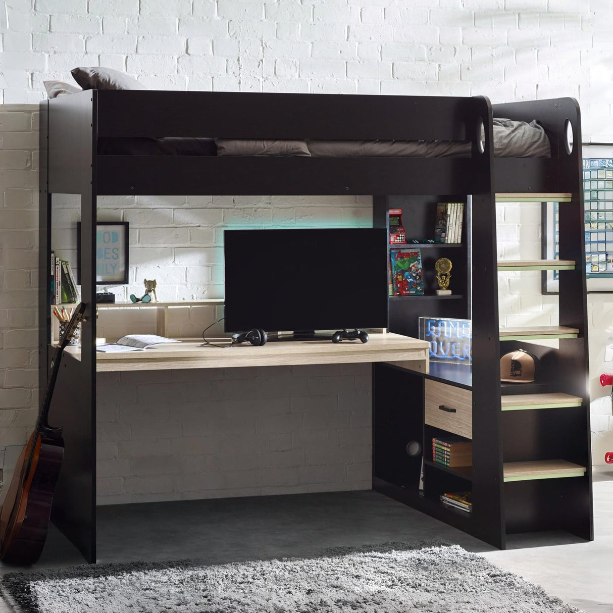 Wooden High Sleeper Bed With Gaming Desk - Blaze