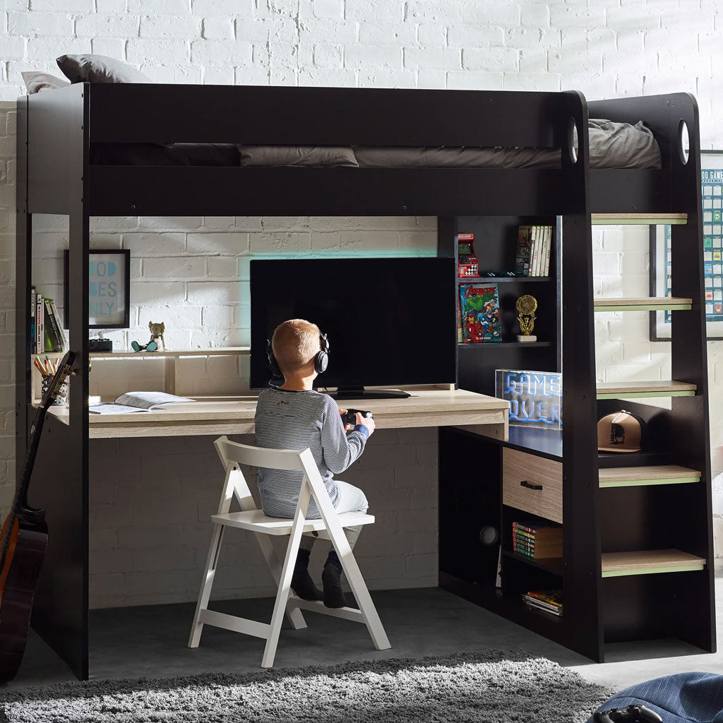 Wooden High Sleeper Bed With Gaming Desk - Blaze