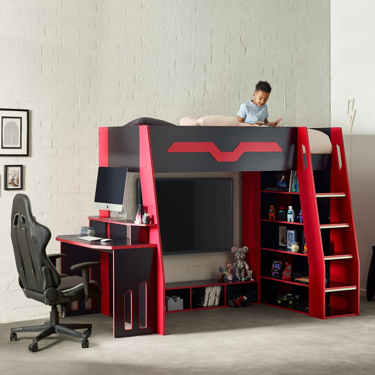 Wooden High Sleeper Bed With Gaming Desk - Eagle