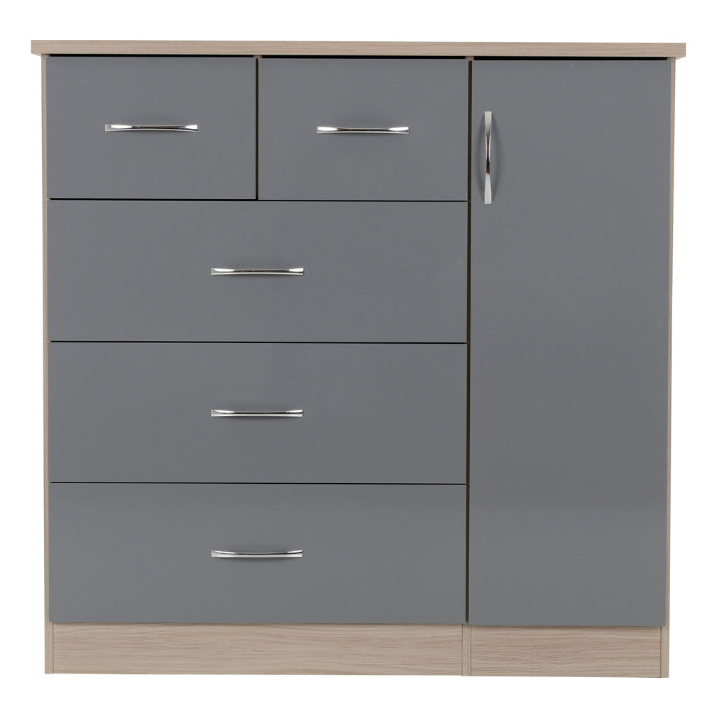 Wooden Highboard With 1 Door And 5 Drawers - Nevada