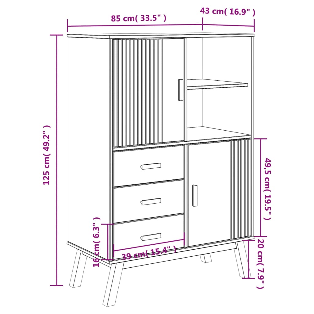 Wooden Highboard With 2 Doors And 3 Drawers - Olden